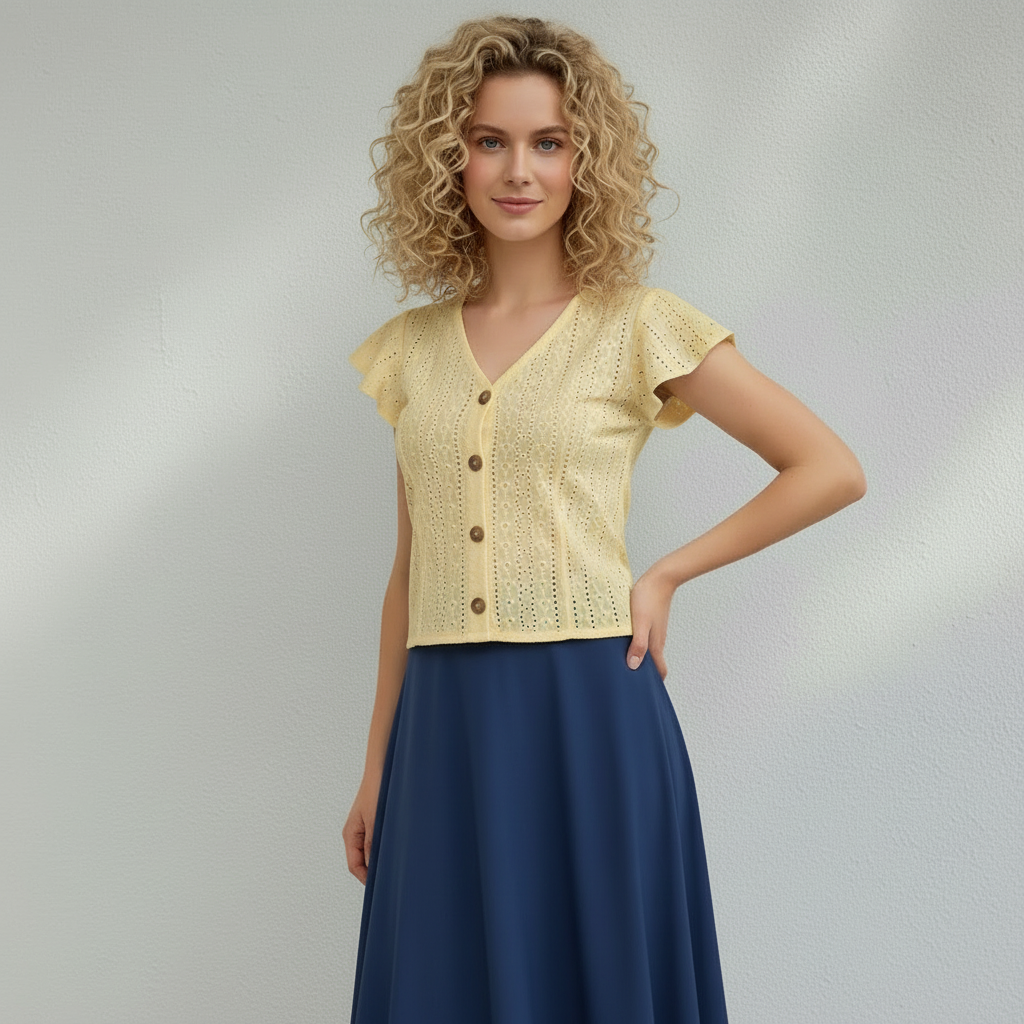 Blouse Femme Col V Boutonnée Manches Volantées