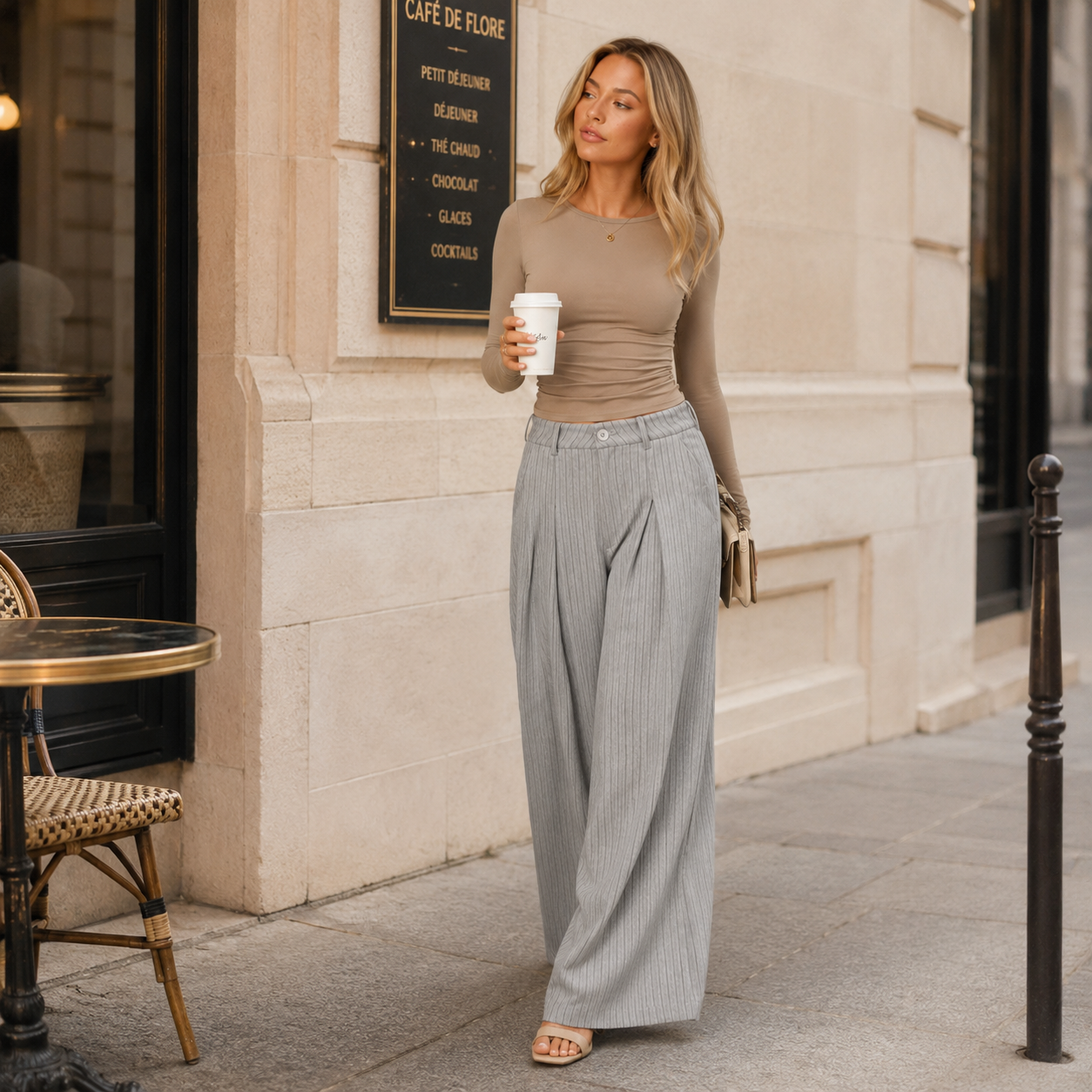 Pantalon femme gris à rayures porté en look city chic devant une terrasse de café