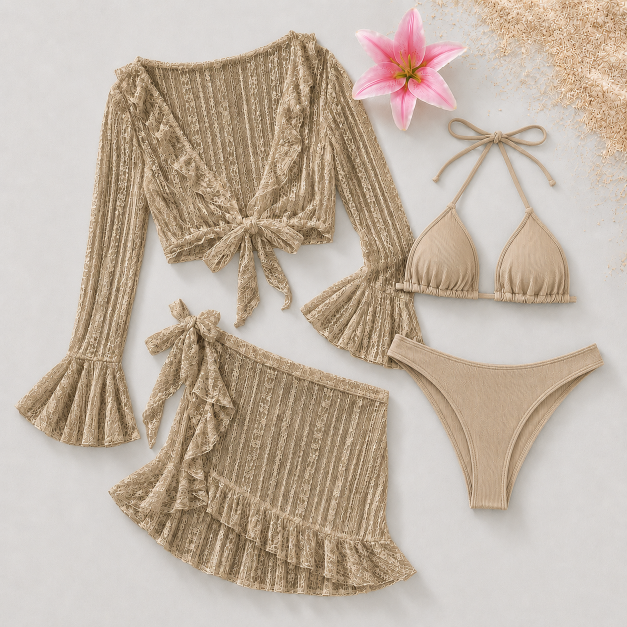 Ensemble Bikini Femme 4 Pièces avec Jupe et Blouse de Plage
