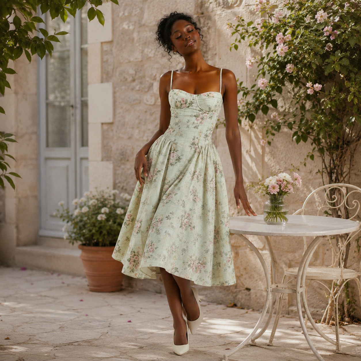 Robe femme midi à imprimé floral dans un jardin français