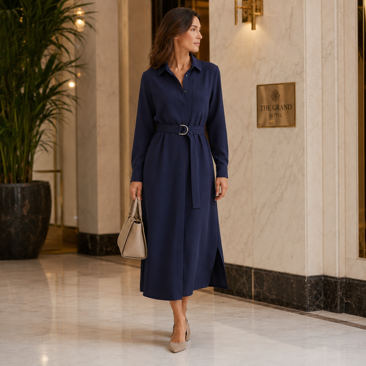 Robe chemise bleu marine portée dans un hall d’hôtel chic avec sac à main