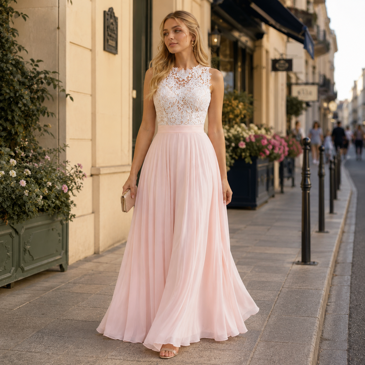 Robe longue femme rose portée en promenade chic