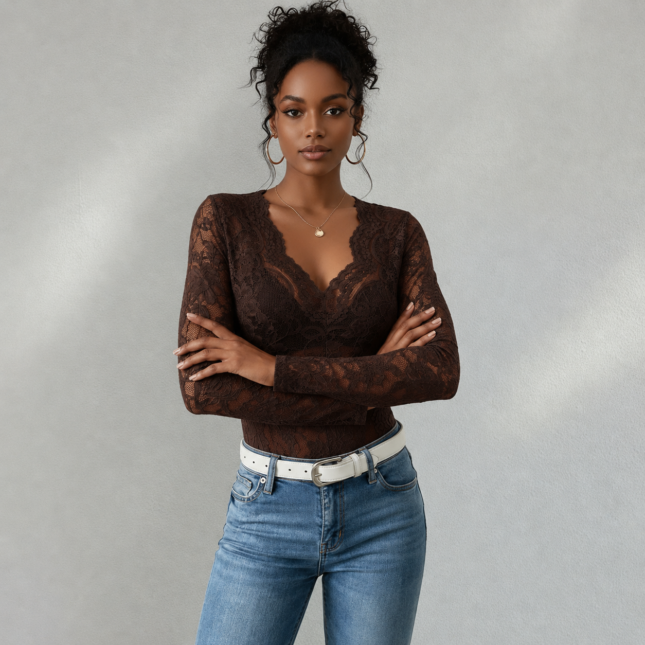 Blouse Femme en Dentelle Col V | Manches Longues Élégante