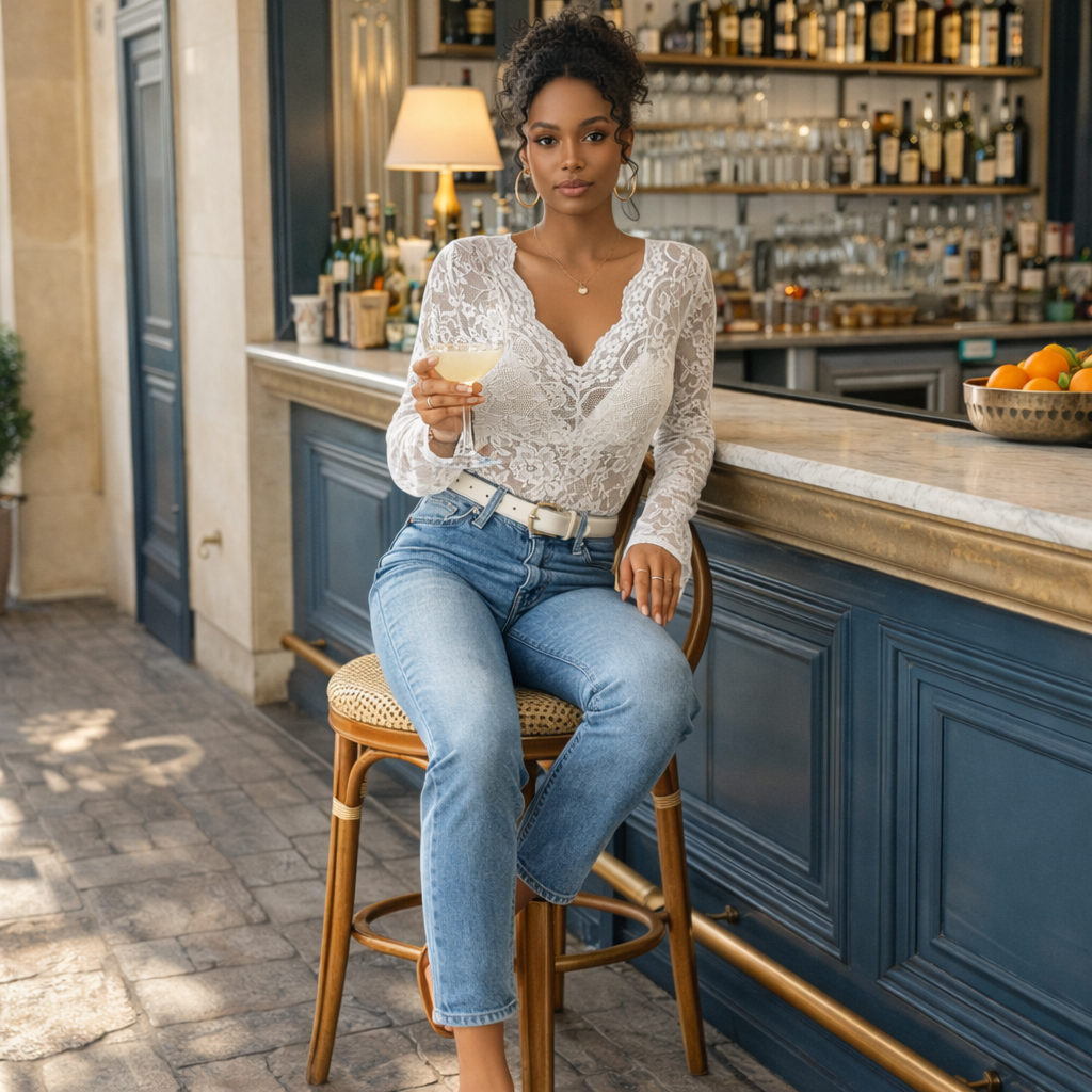 Blouse Femme en Dentelle Col V | Manches Longues Élégante