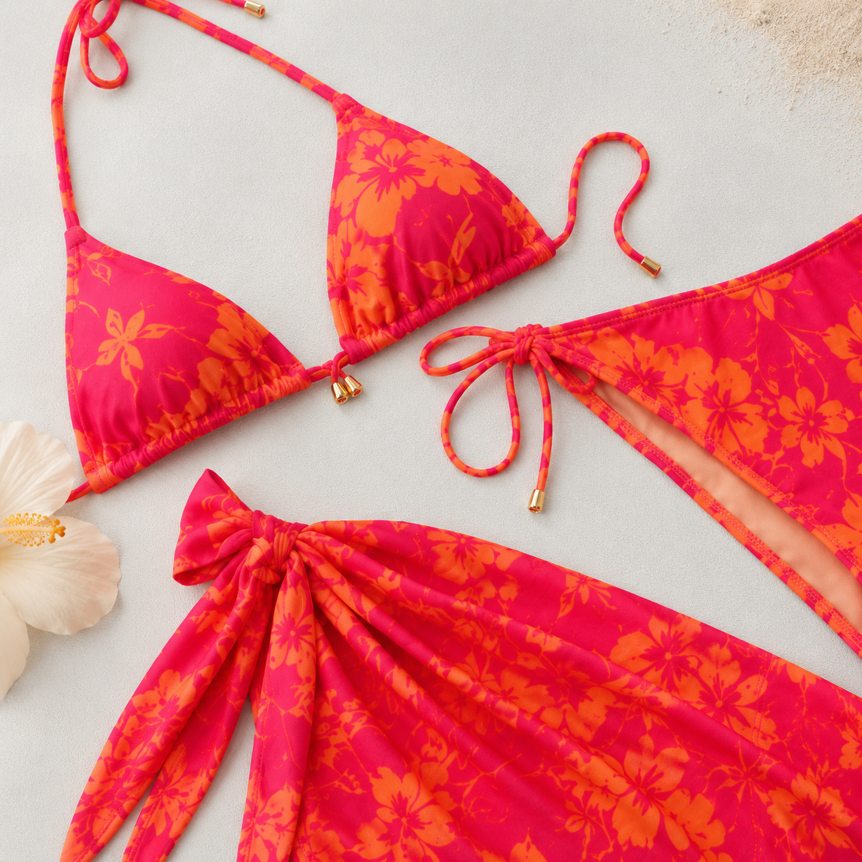 Bikini Femme Floral Rose Orange avec Paréo | Ensemble 3 Pièces