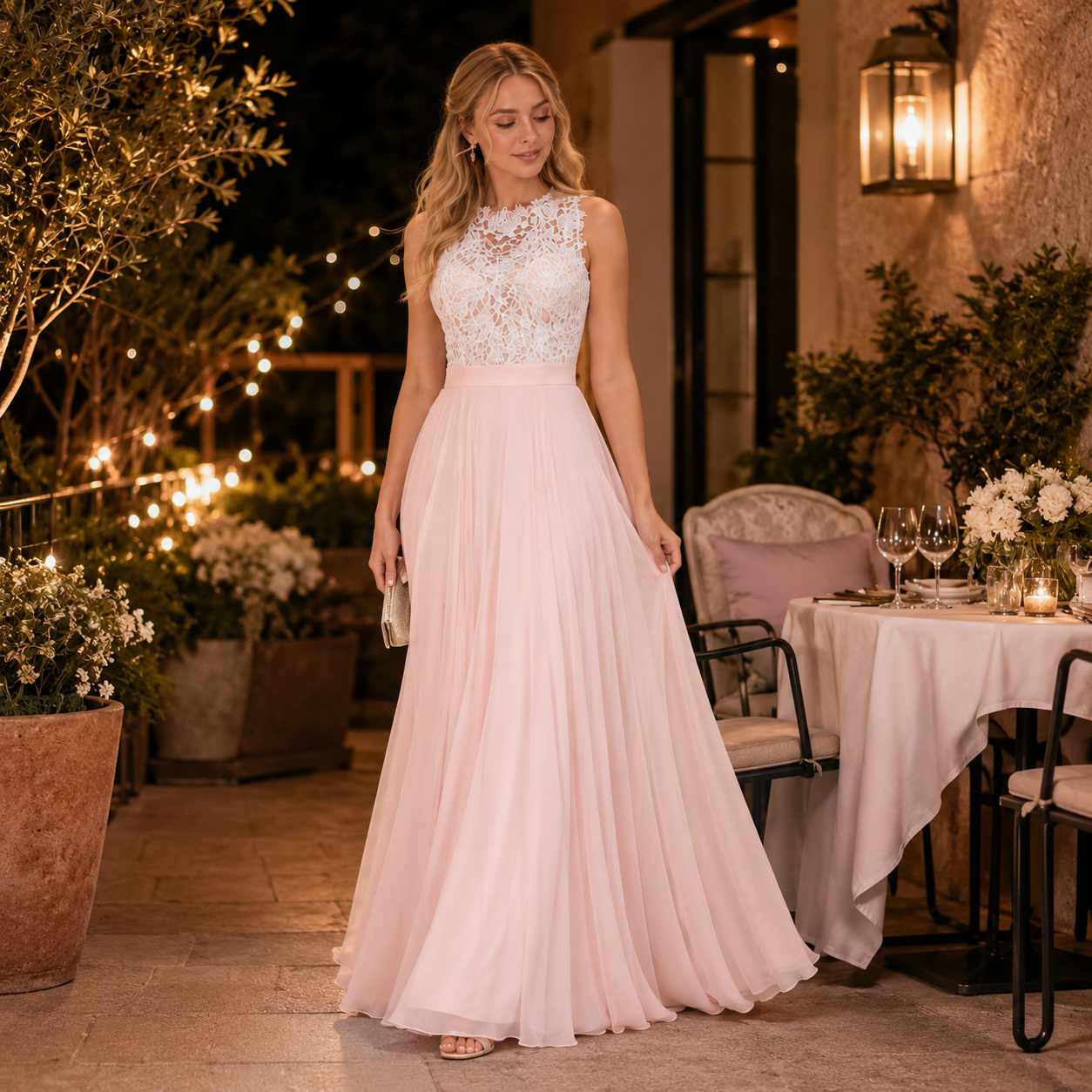 Robe longue rose élégante pour dîner chic en terrasse