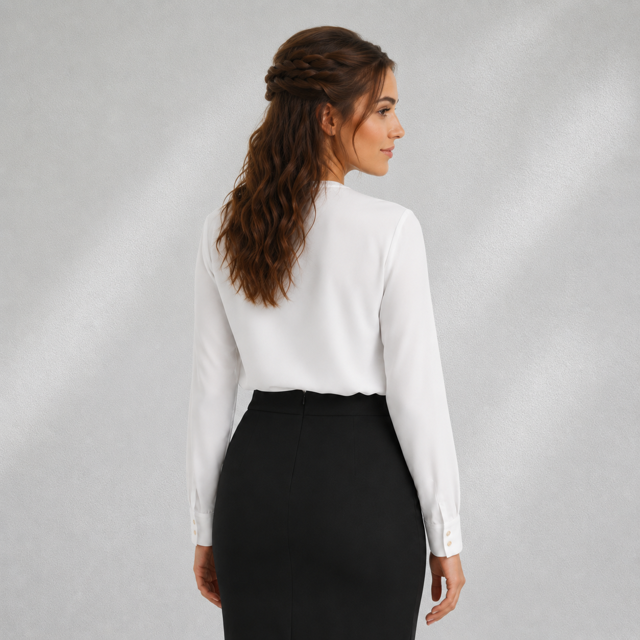 Vue de dos de la blouse femme blanche manches longues portée avec une jupe noire