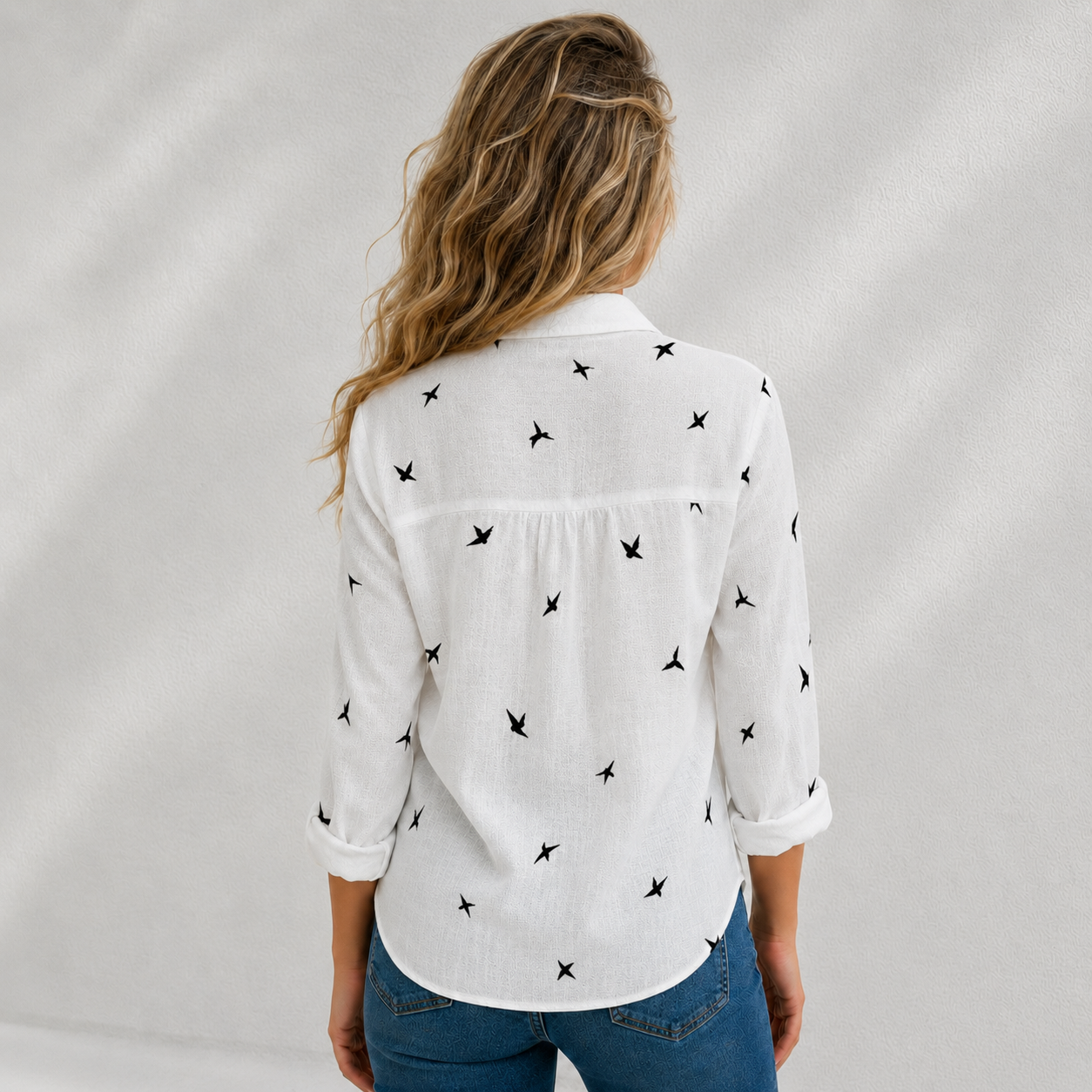 Blouse femme blanche imprimé oiseaux vue de dos