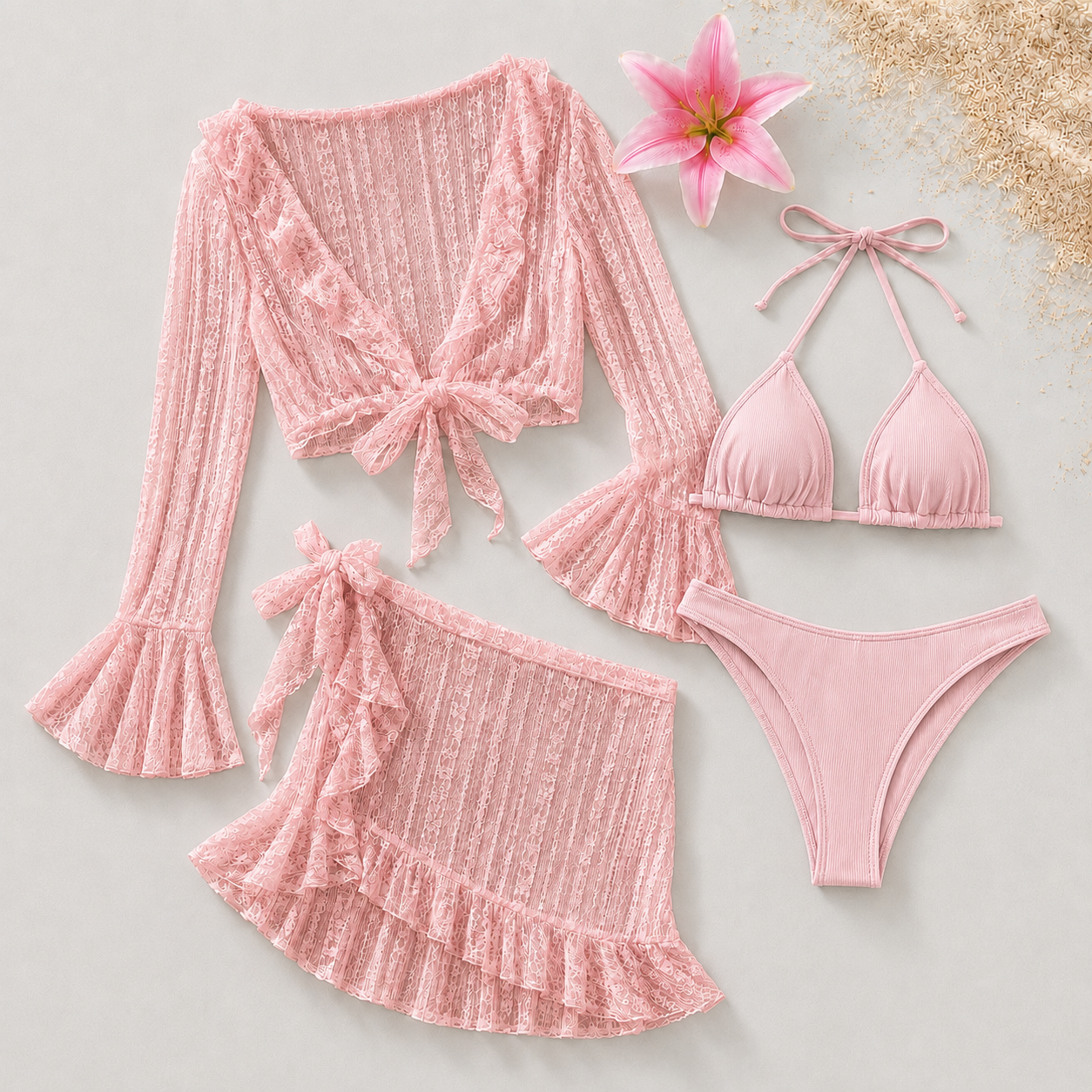 Ensemble Bikini Femme 4 Pièces avec Jupe et Blouse de Plage
