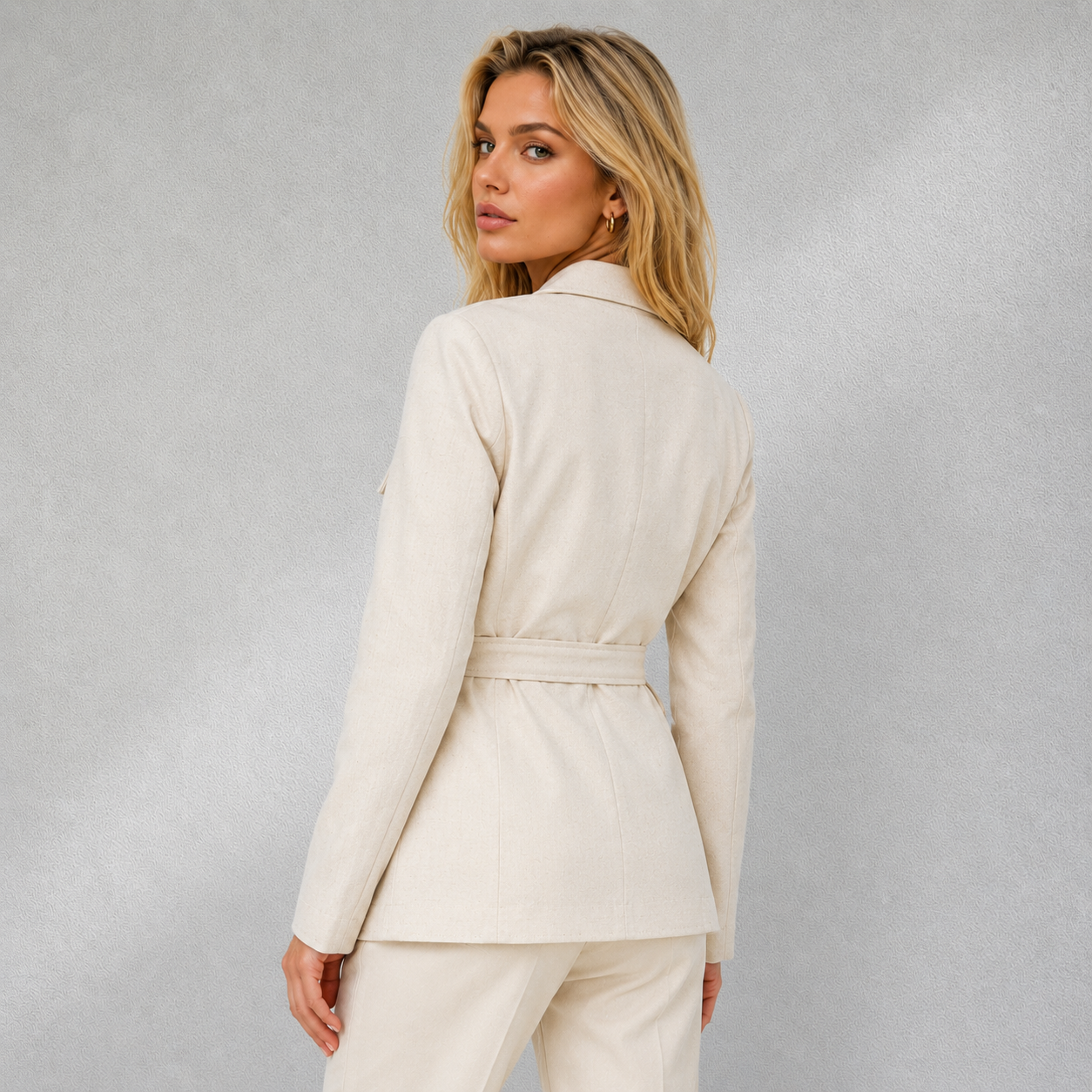Veste femme écru Madeleine vue de dos, coupe ceinturée et silhouette élégante sur fond studio clair.