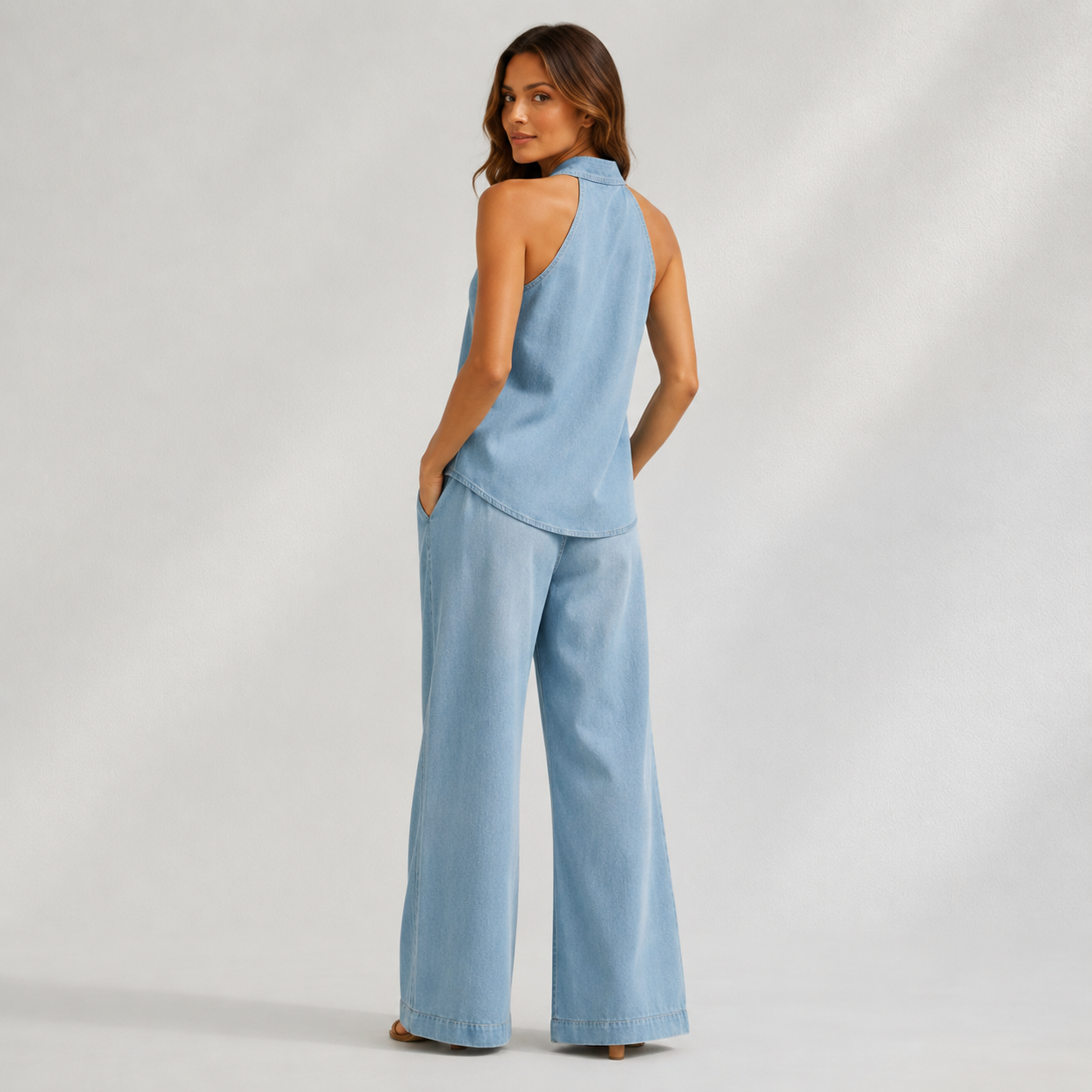Détail du dos nu et du col halter de l’ensemble femme denim bleu clair