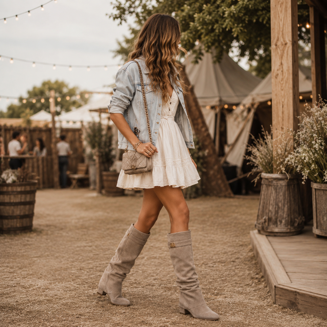 Bottes femme beige style festival chic avec robe blanche et veste en jean