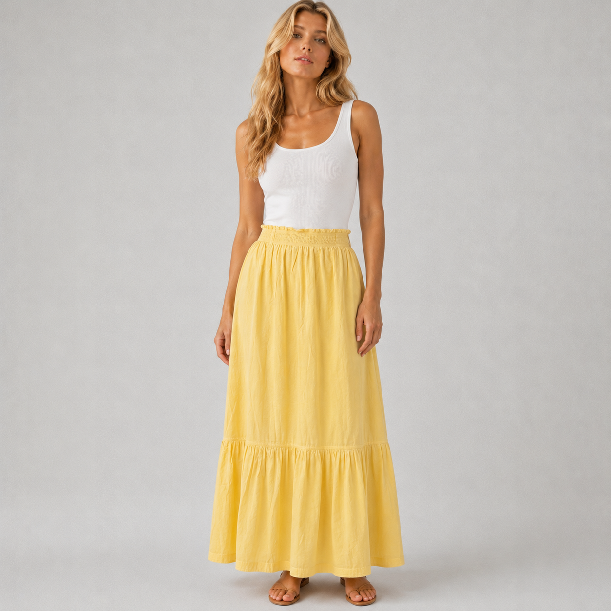 Jupe longue femme jaune en coton à taille élastique