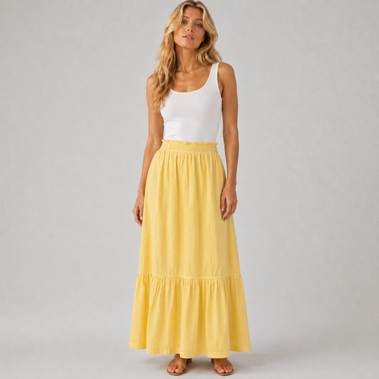 Jupe longue femme jaune en coton à taille élastique