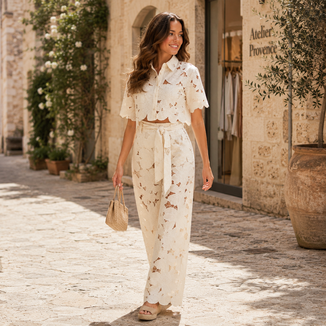 Ensemble femme ajouré avec pantalon large porté dans une rue du sud de la France