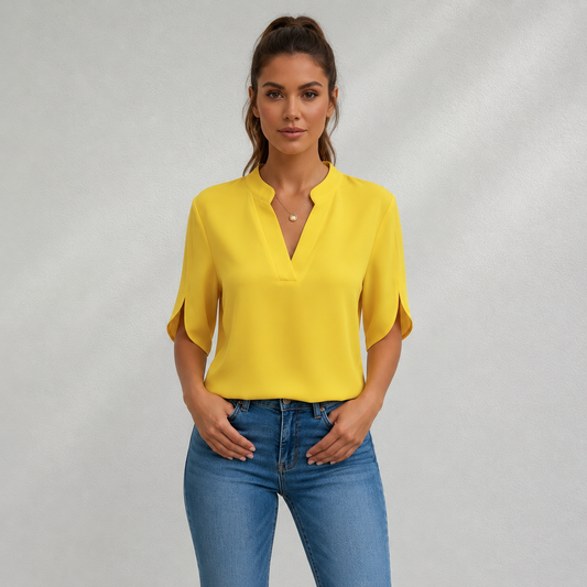Blouse Femme en Chiffon à Col V et Manches Courtes