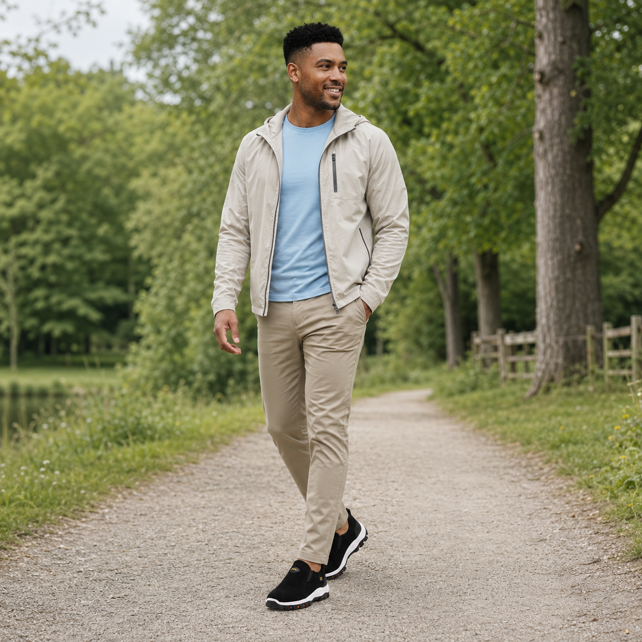 Chaussures homme noires portées en promenade dans un parc