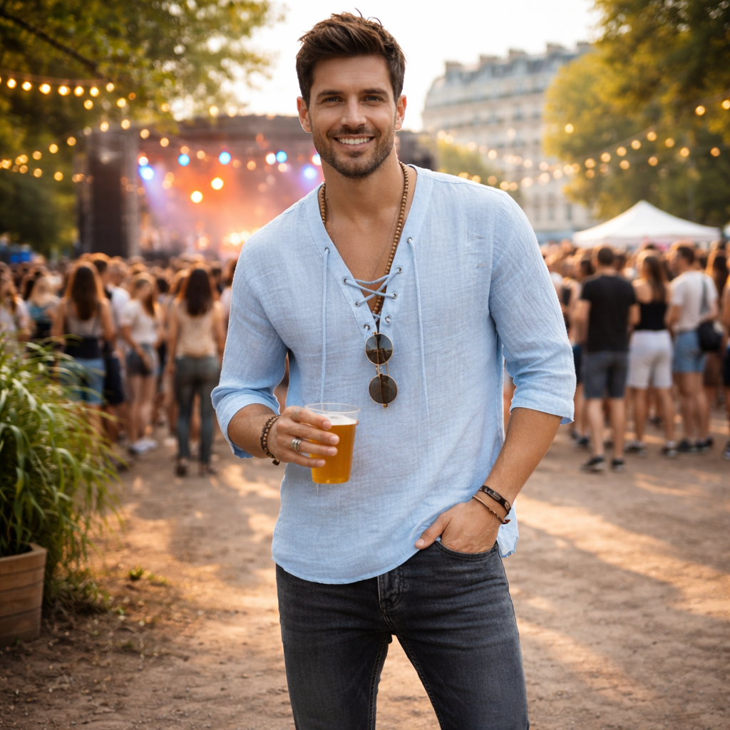 Chemise homme bleu clair à col lacé portée en lifestyle détente