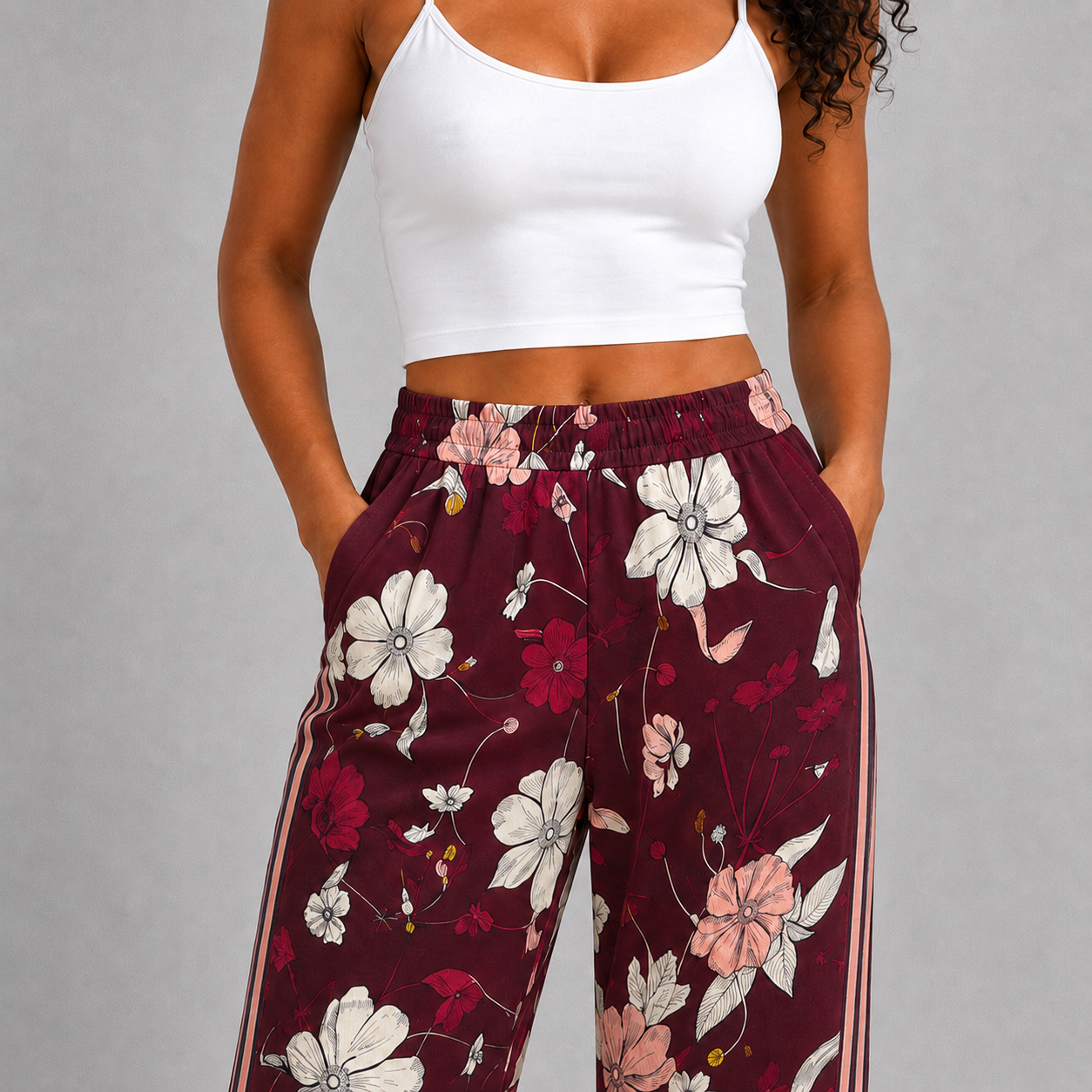 Gros plan sur la taille élastique du pantalon fleuri bordeaux femme