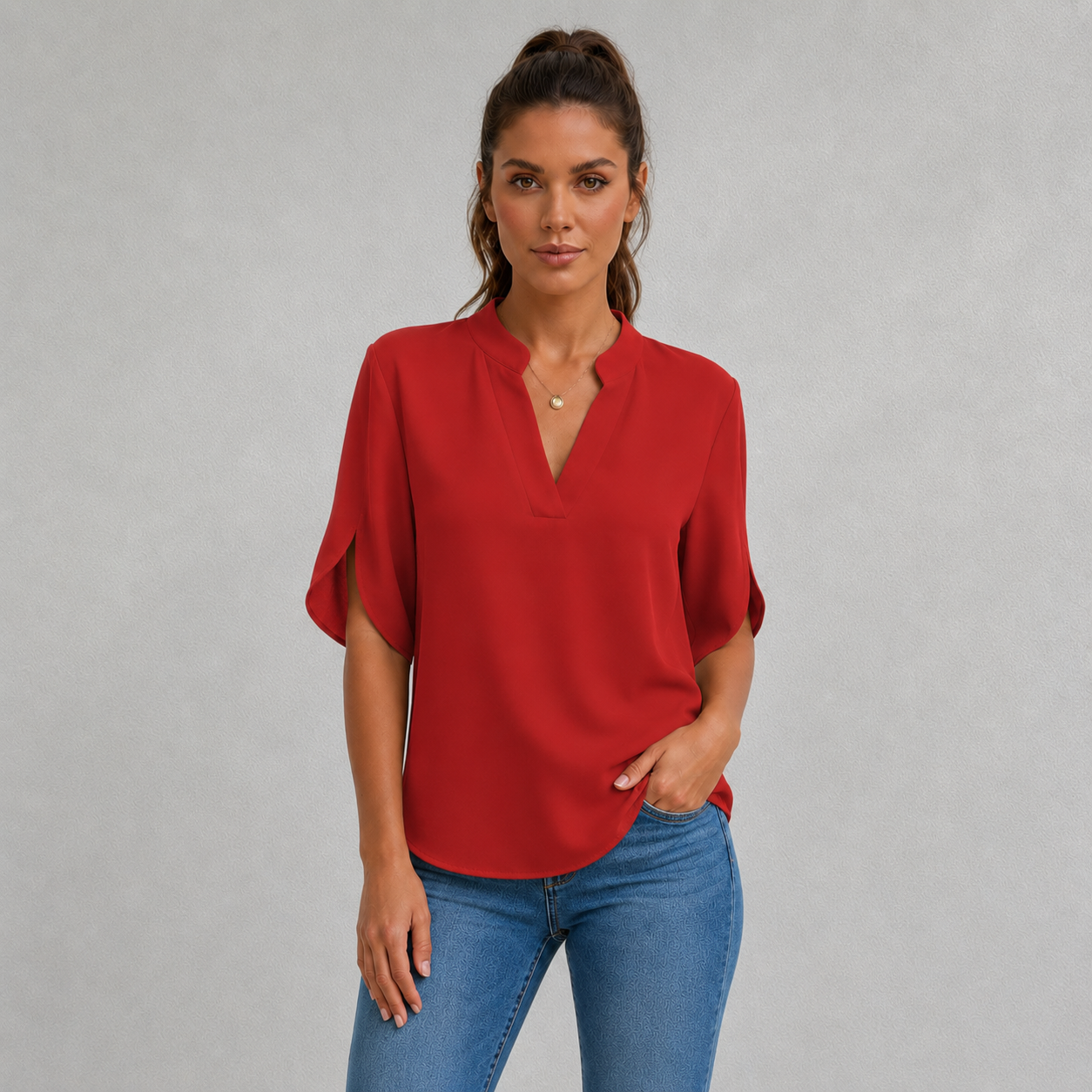 Blouse Femme en Chiffon à Col V et Manches Courtes