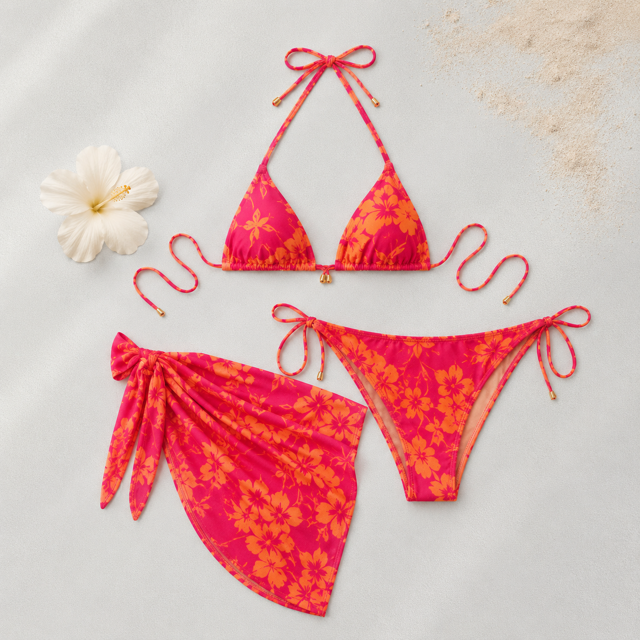Bikini Femme Floral Rose Orange avec Paréo | Ensemble 3 Pièces