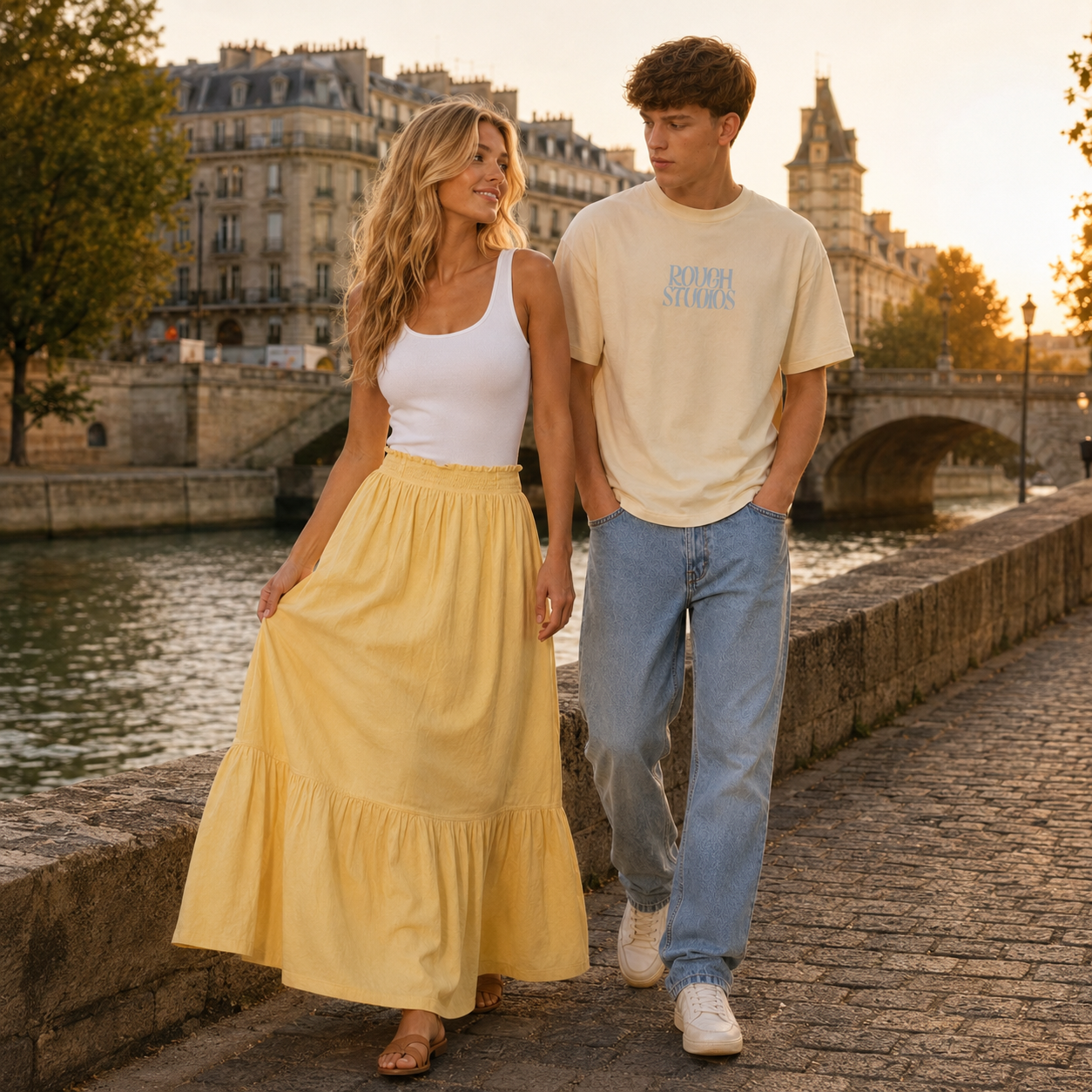 Jupe longue femme jaune en coton à taille élastique