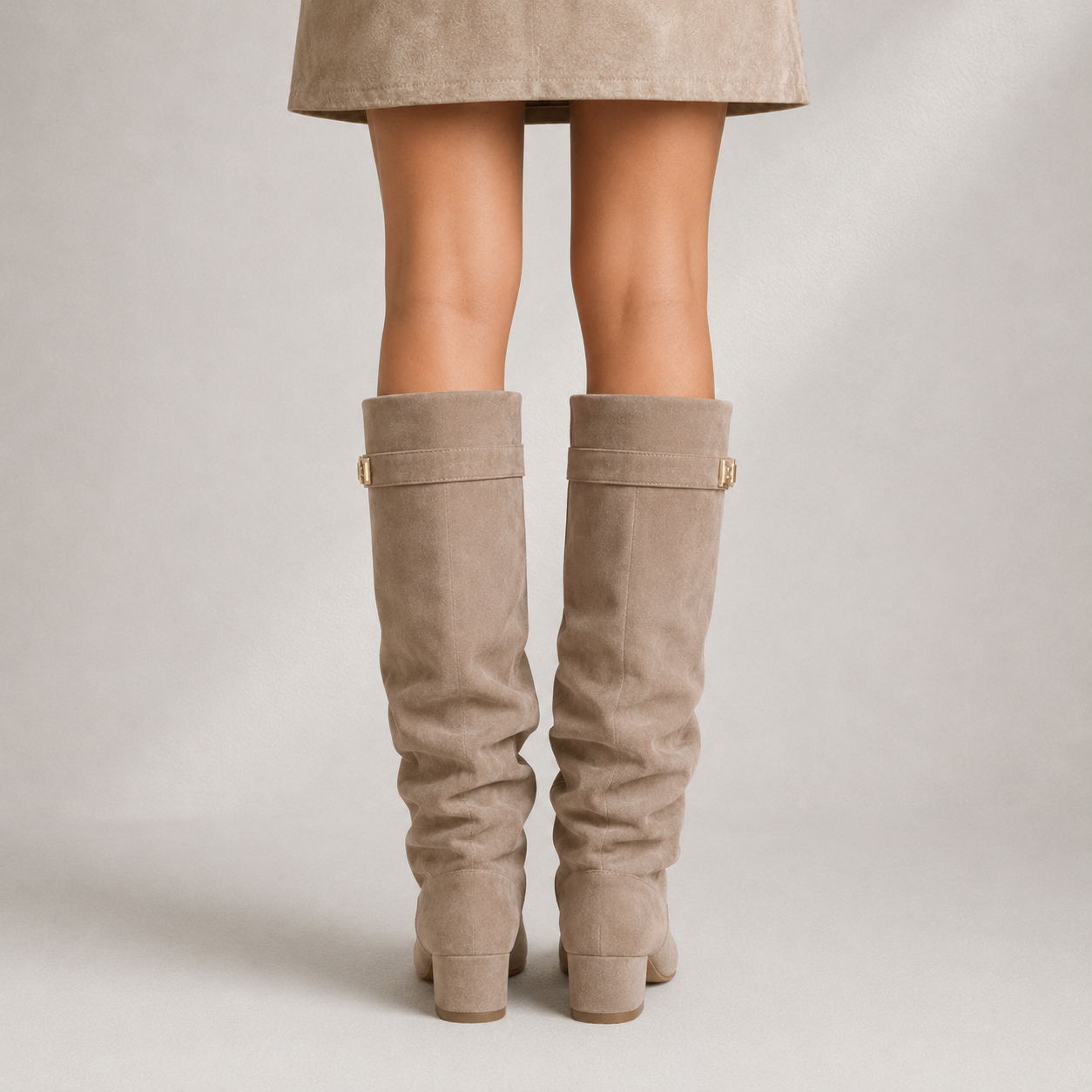 Bottes femme beige vues de dos avec tige haute plissée