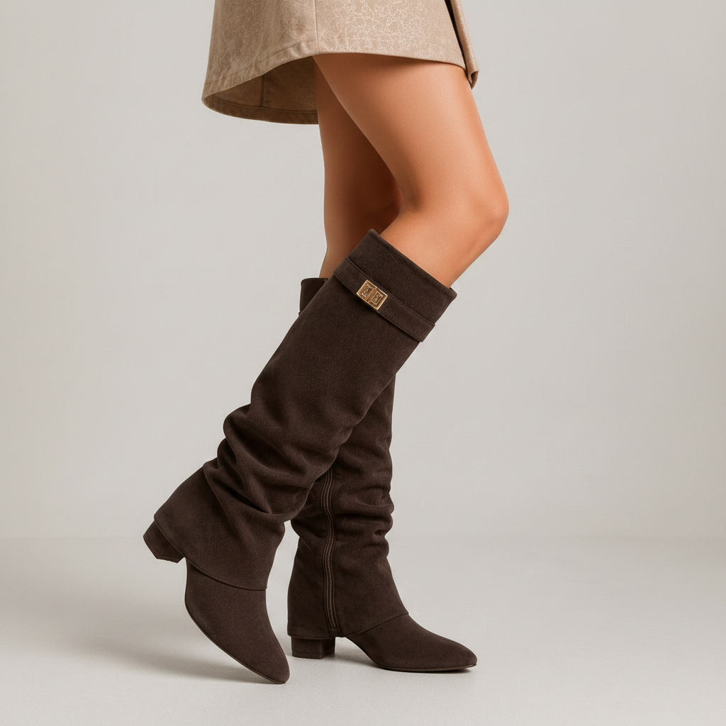 Bottes femme marron effet suédine avec détail métallique doré