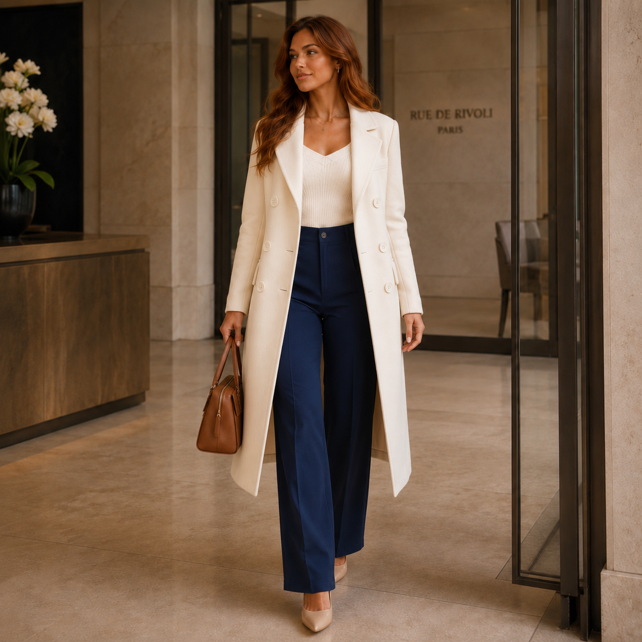 Tenue élégante avec pantalon bleu marine et manteau long écru