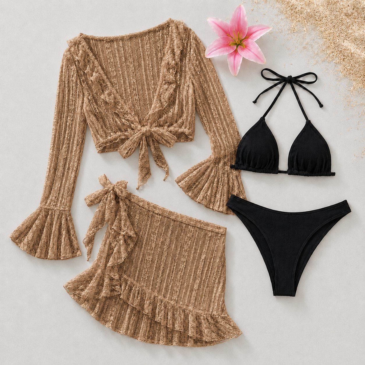 Ensemble Bikini Femme 4 Pièces avec Jupe et Blouse de Plage