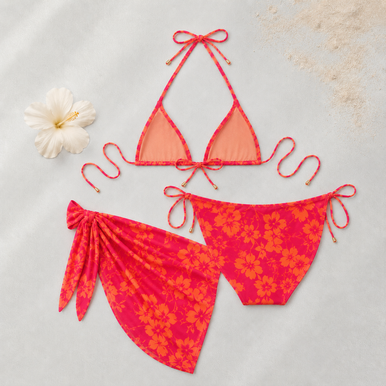 Bikini Femme Floral Rose Orange avec Paréo | Ensemble 3 Pièces