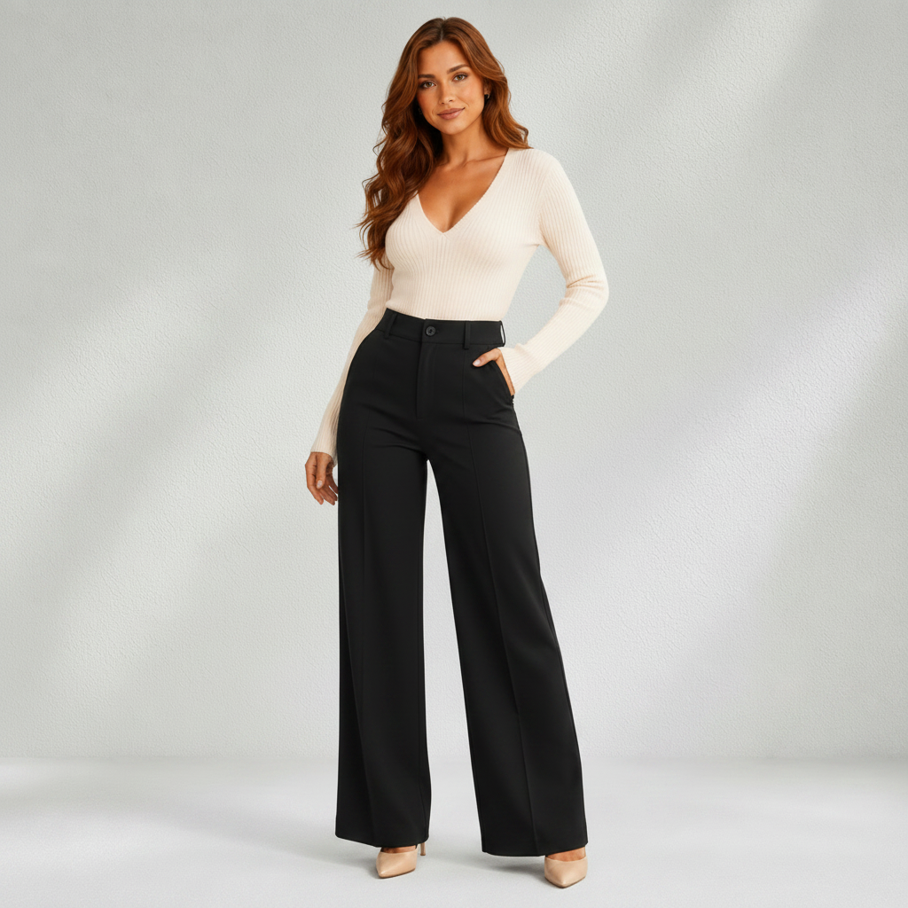 Pantalon noir taille haute à jambes larges pour femme