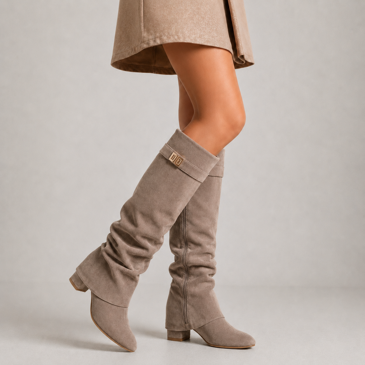 Bottes femme taupe effet suédine avec tige haute plissée