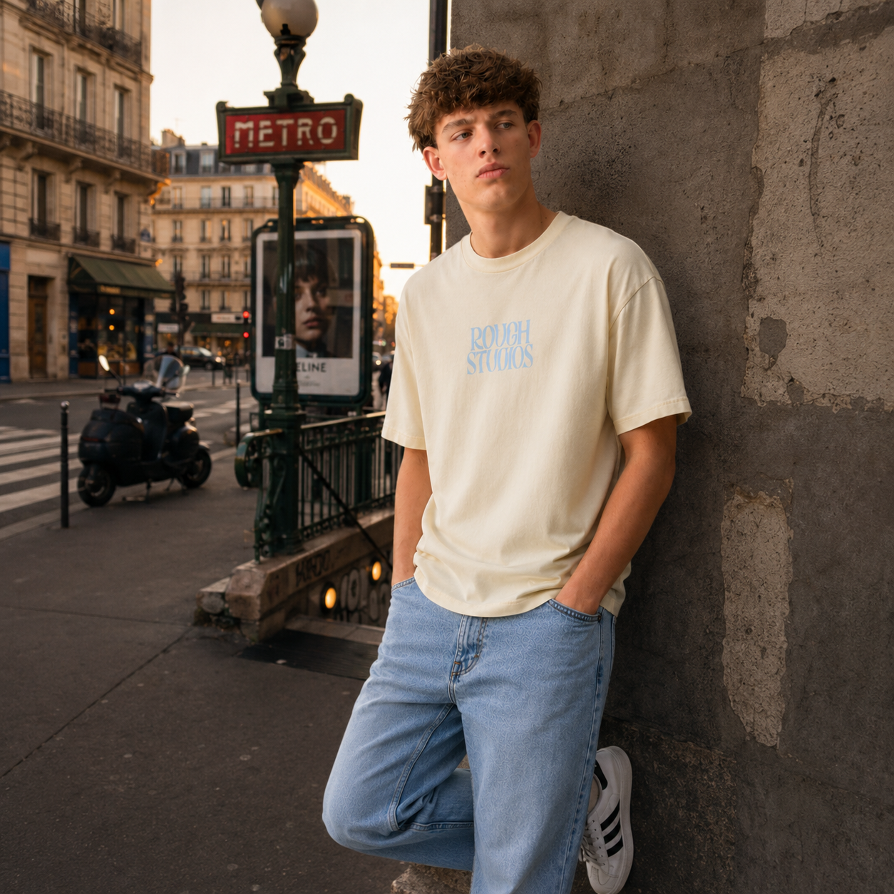 T-shirt coupe droite jaune avec logo devant Rough Studios