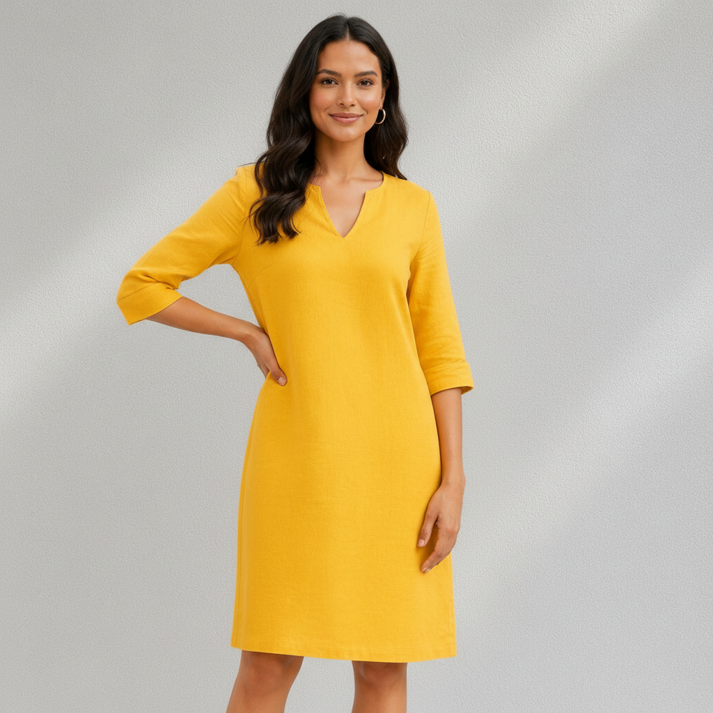 Robe jaune pour femme avec col V, manches trois-quarts sans patte boutonnée et coupe droite