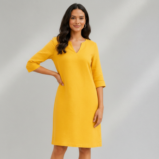 Robe jaune pour femme avec col V, manches trois-quarts sans patte boutonnée et coupe droite
