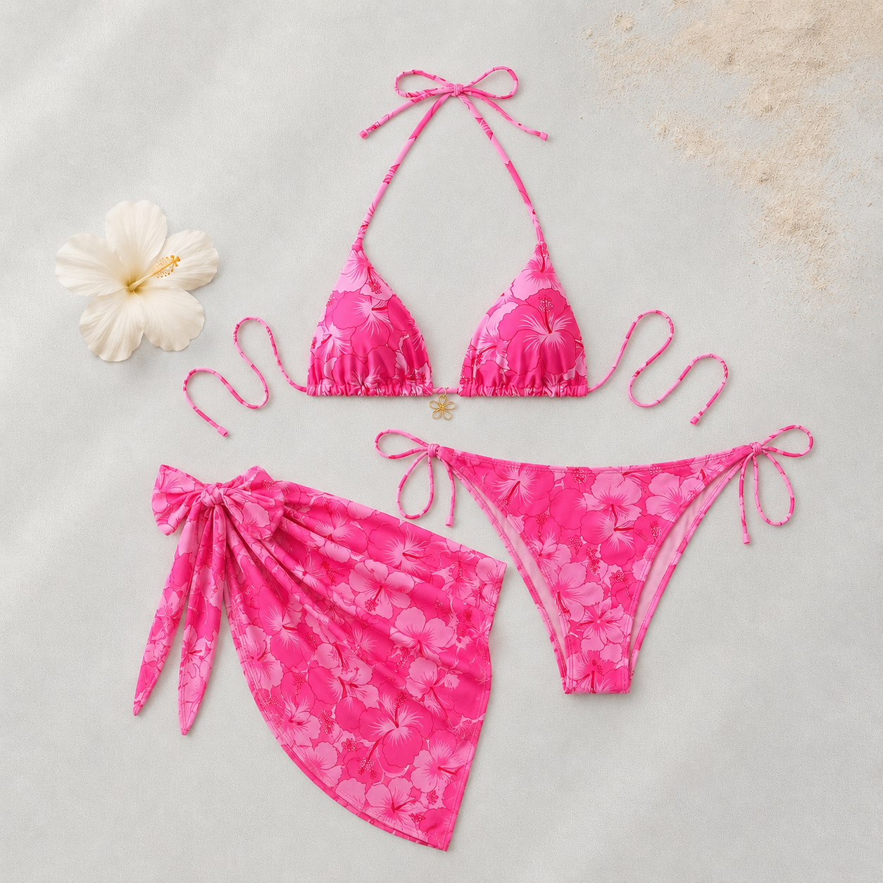 Bikini Femme Floral Rose Orange avec Paréo | Ensemble 3 Pièces