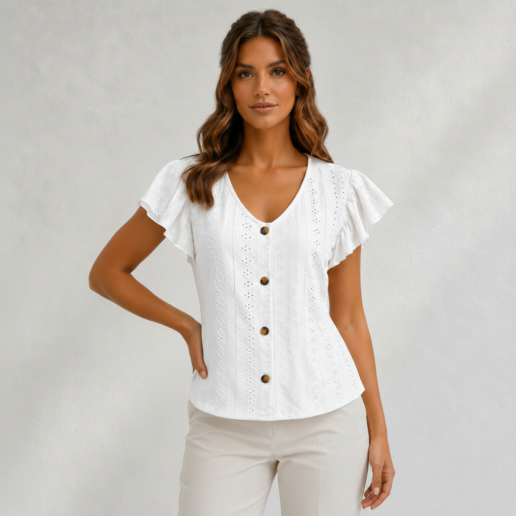 Blouse Femme Col V Boutonnée Manches Volantées