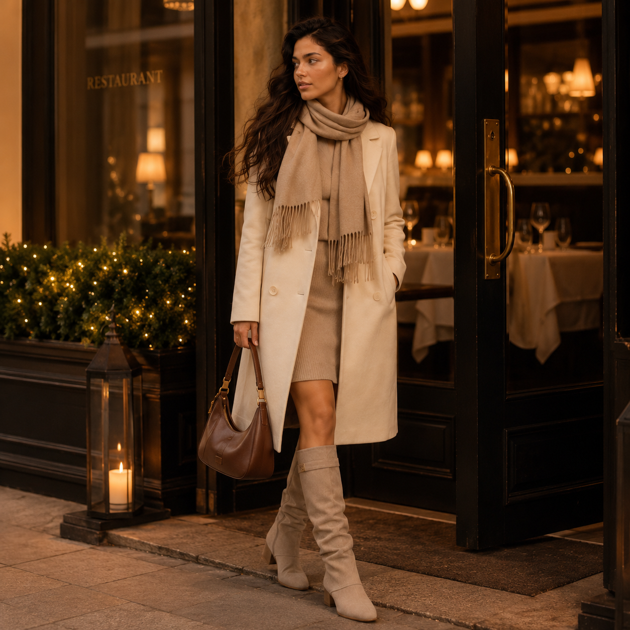 Manteau long écru porté devant un restaurant en soirée