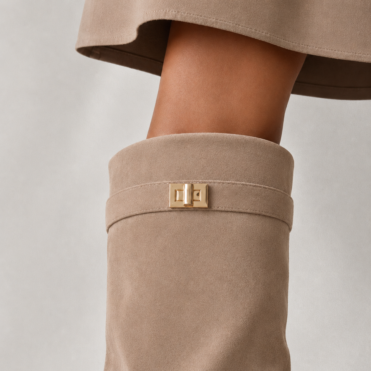 Close-up botte femme beige effet suédine avec détail métallique doré