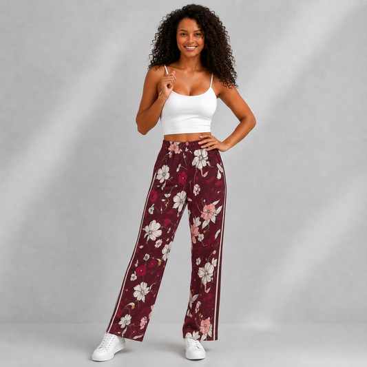 Pantalon femme fleuri bordeaux porté avec top blanc et baskets en studio Ruvafashion