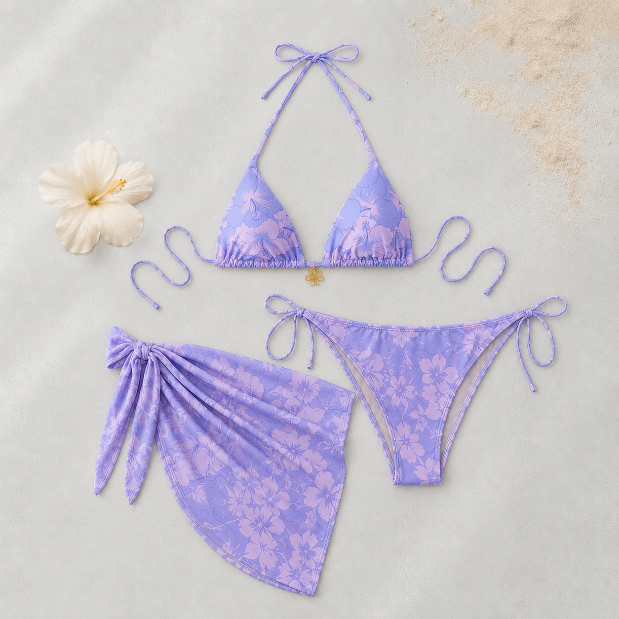 Bikini Femme Floral Rose Orange avec Paréo | Ensemble 3 Pièces