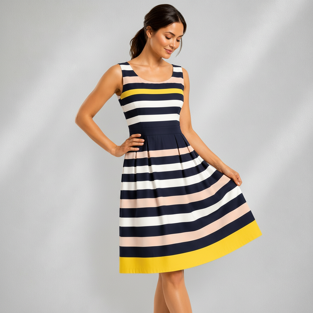 Robe femme Jakes rayée sans manches en coton avec accents jaune et marine