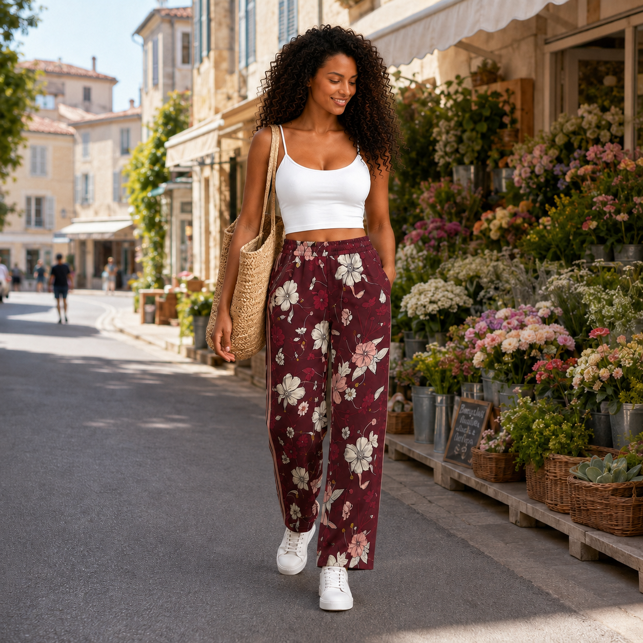 Pantalon fleuri bordeaux porté dans une rue du sud de la France avec top blanc