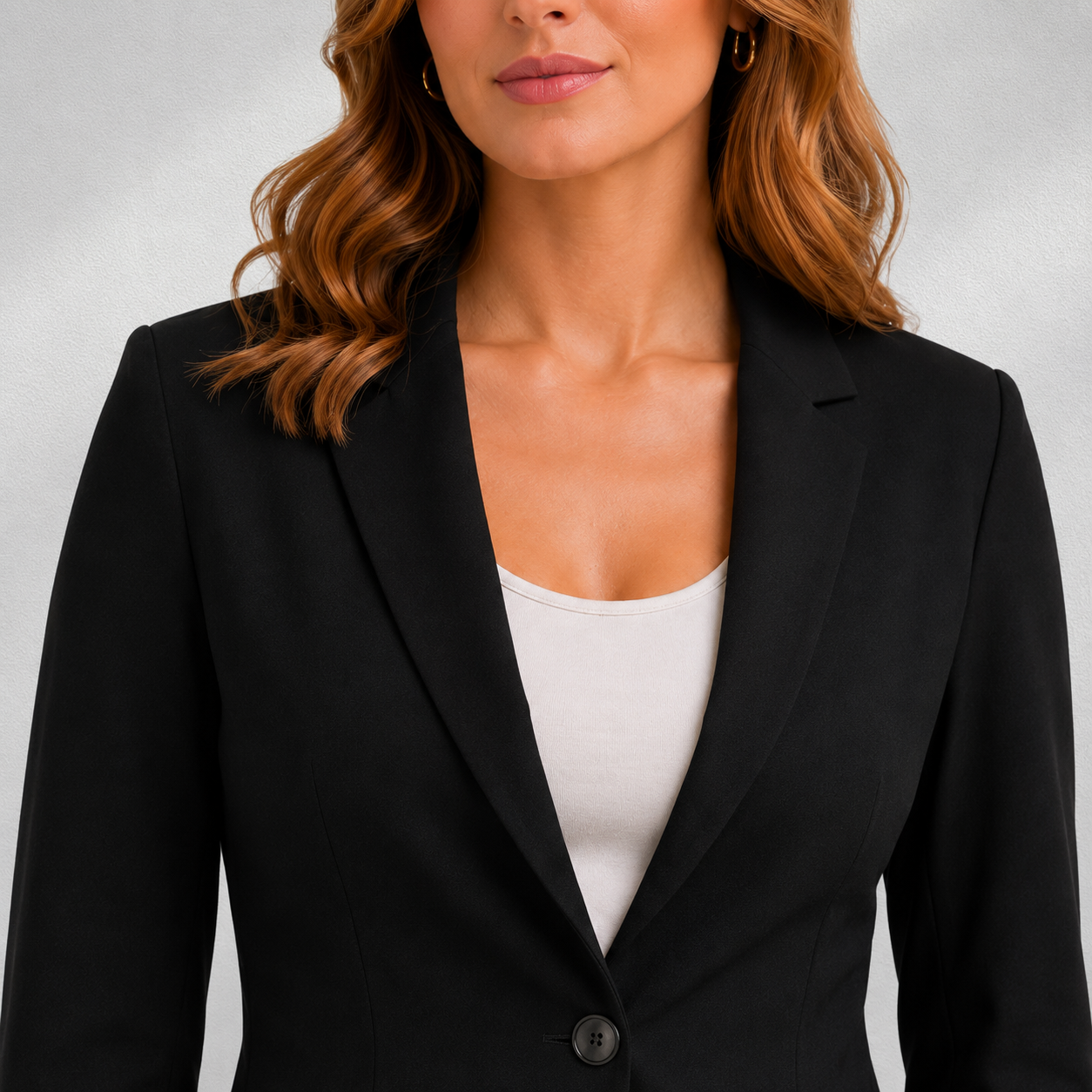 Gros plan du col et des revers du blazer femme River Woods noir