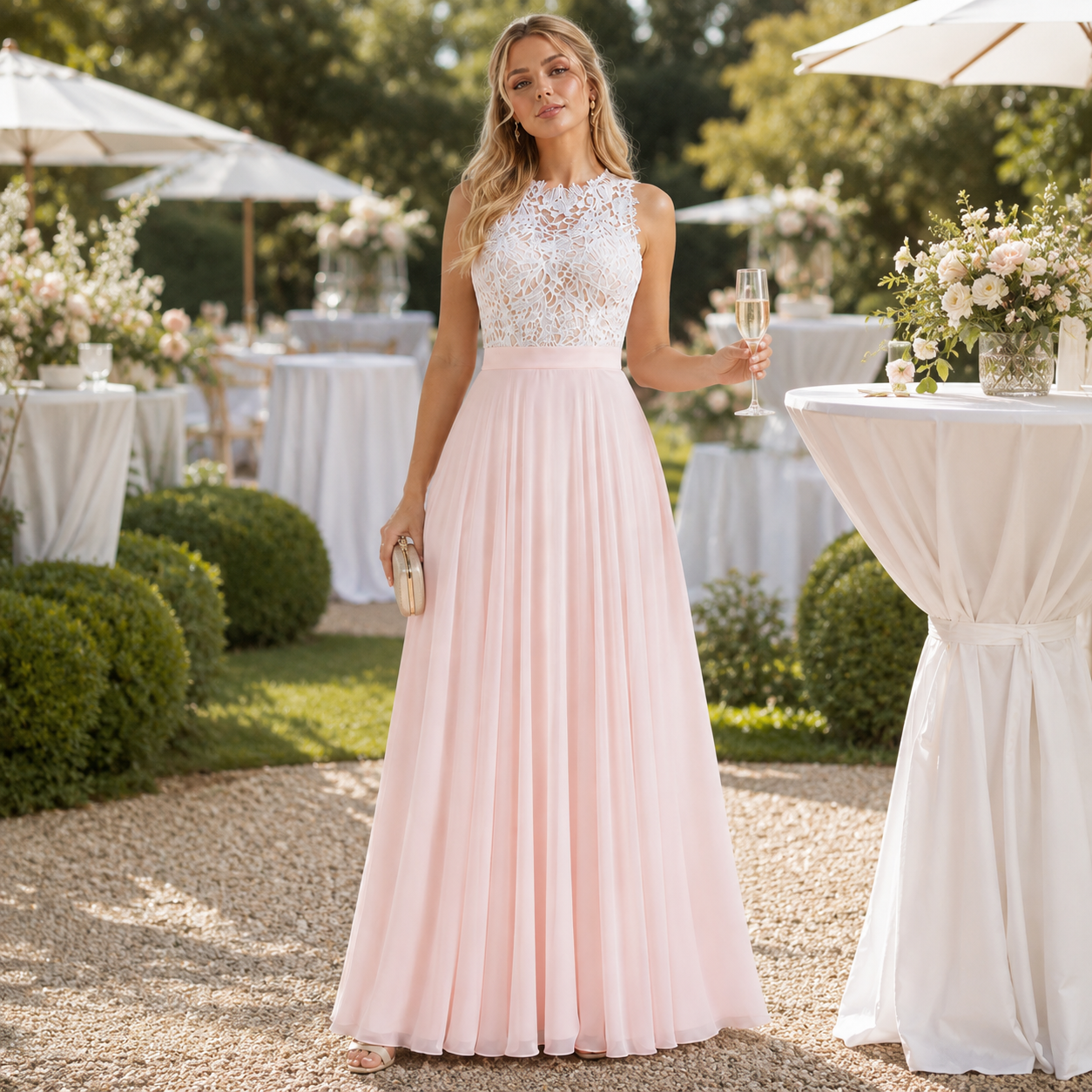 Robe longue dentelle et voile rose pour cérémonie en jardin