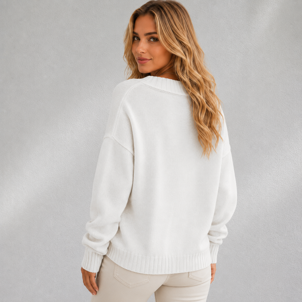 Vue de dos d’un pull femme blanc à coupe ample avec épaules tombantes