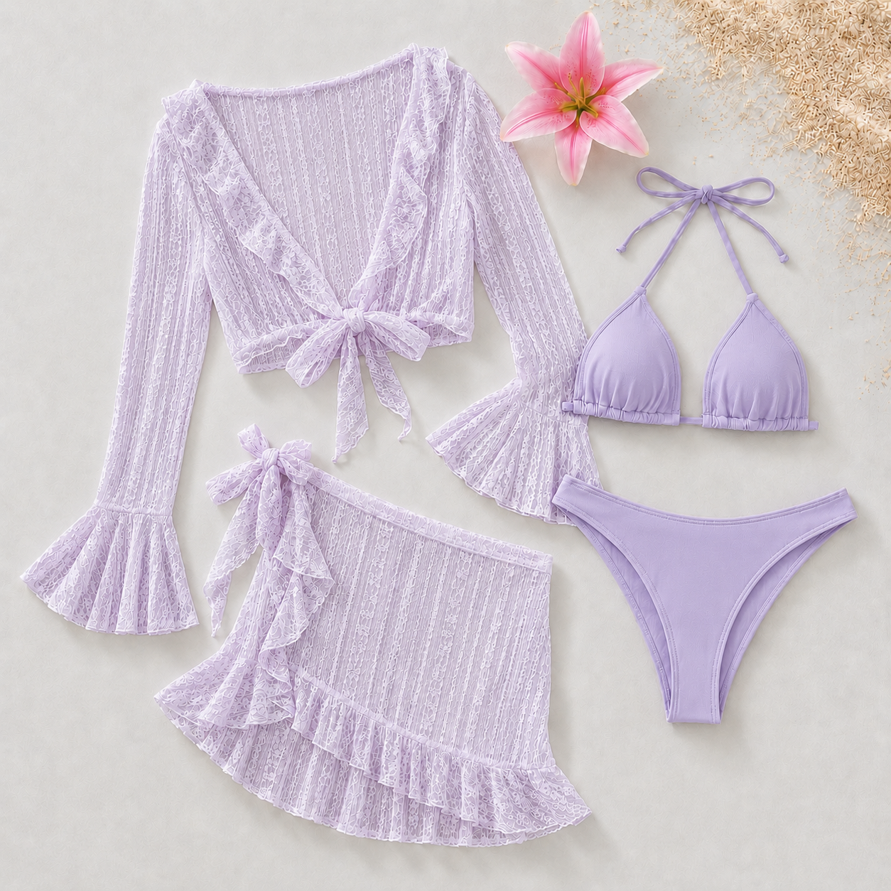 Ensemble Bikini Femme 4 Pièces avec Jupe et Blouse de Plage