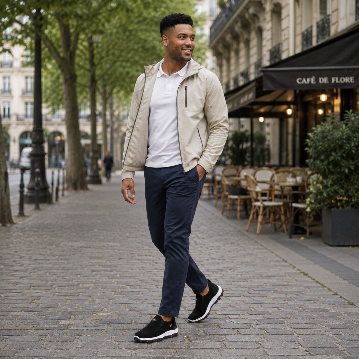 Chaussures homme noires portées en look city outdoor
