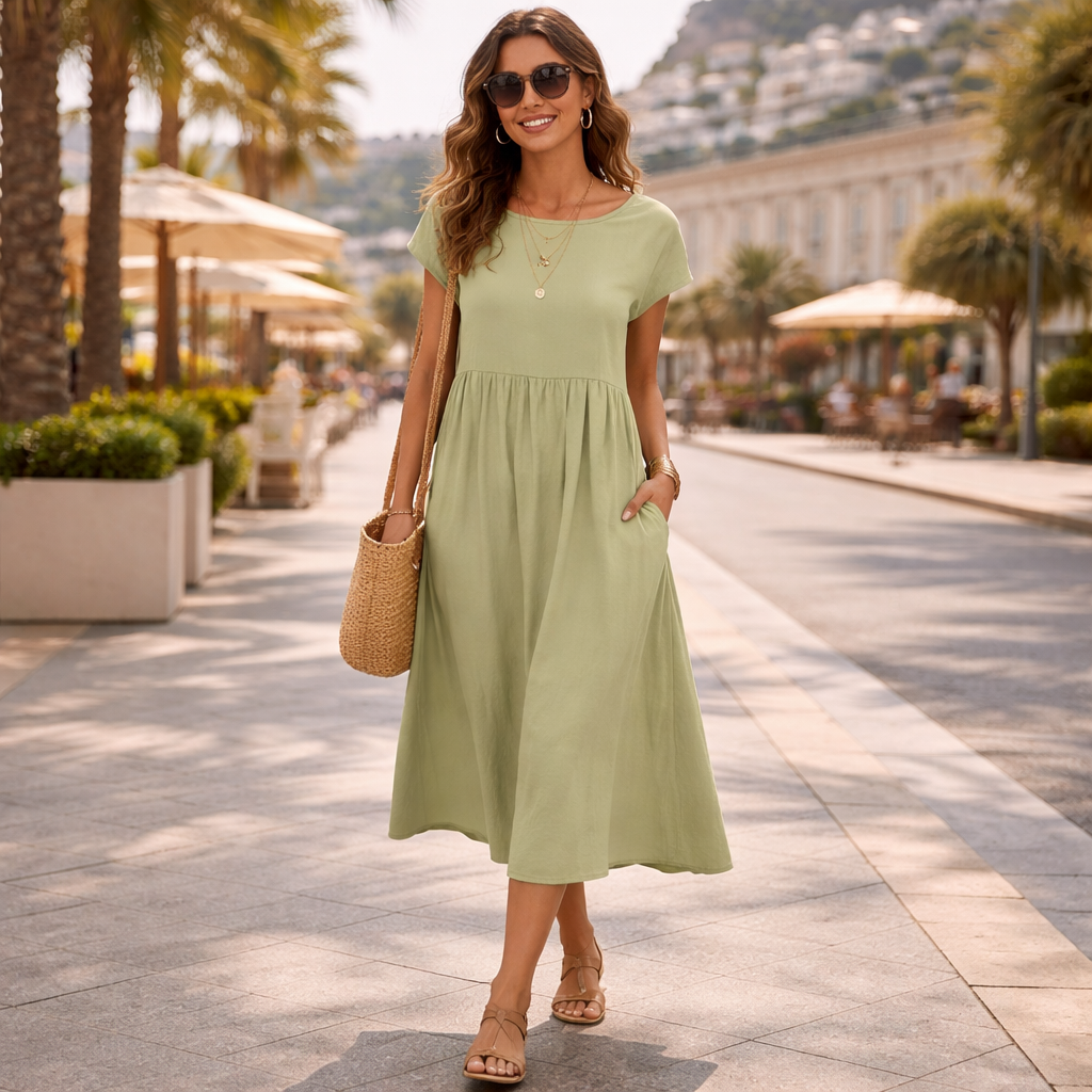 Robe longue d’été femme vert clair portée en look estival chic lors d’une promenade